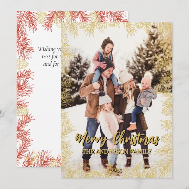 Gold Red Botanical Modern Family Photo Christmas Holiday Card (Front/Back)