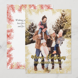 Gold Red Botanical Modern Family Photo Christmas Holiday Card
