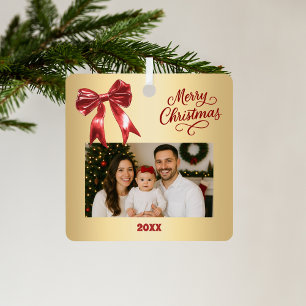 Gold red bow photo Christmas Metal Tree Decoration