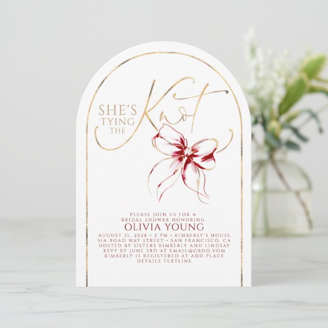Gold Red Bow She's Tying The Knot Bridal Shower Invitation (Standing Front)