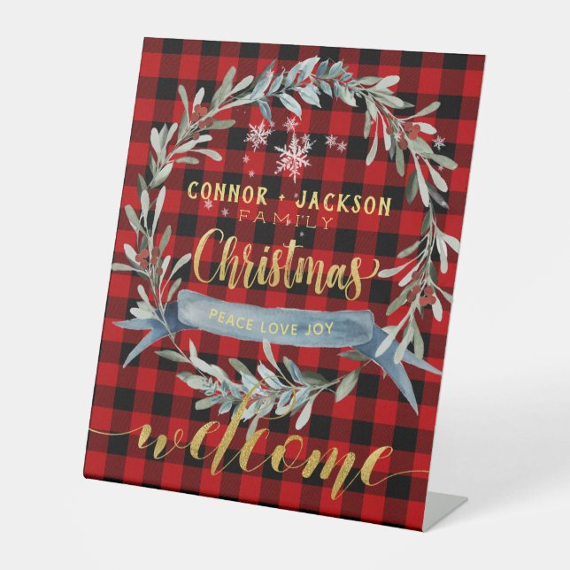 Gold & Red Buffalo Plaid Family Christmas Welcome Pedestal Sign (Front)