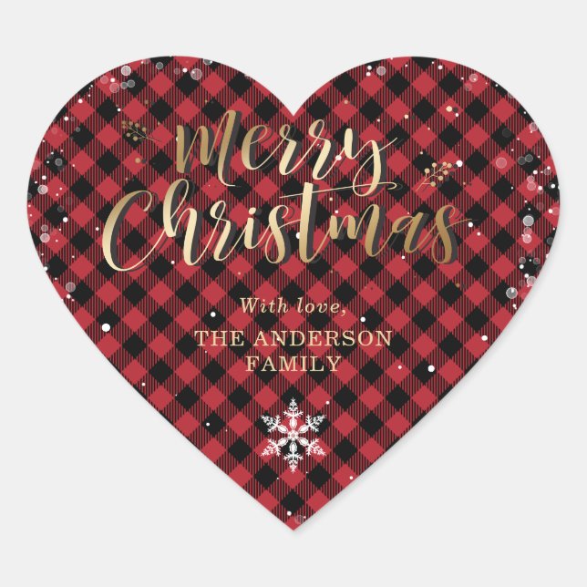 Gold Red Buffalo Plaid Snowflake Merry Christmas Heart Sticker (Front)