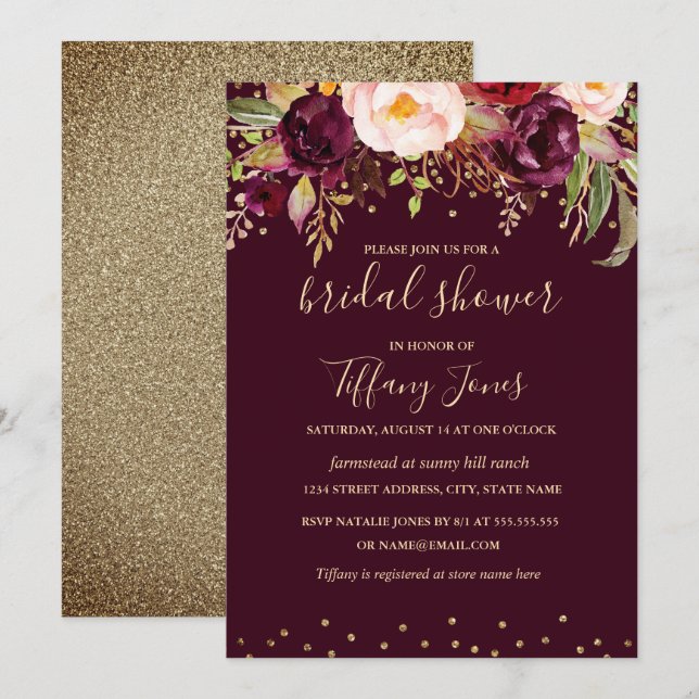 Gold Red Burgundy Confetti Floral Bridal Shower Invitation (Front/Back)