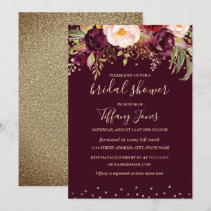 Gold Red Burgundy Confetti Floral Bridal Shower Invitation