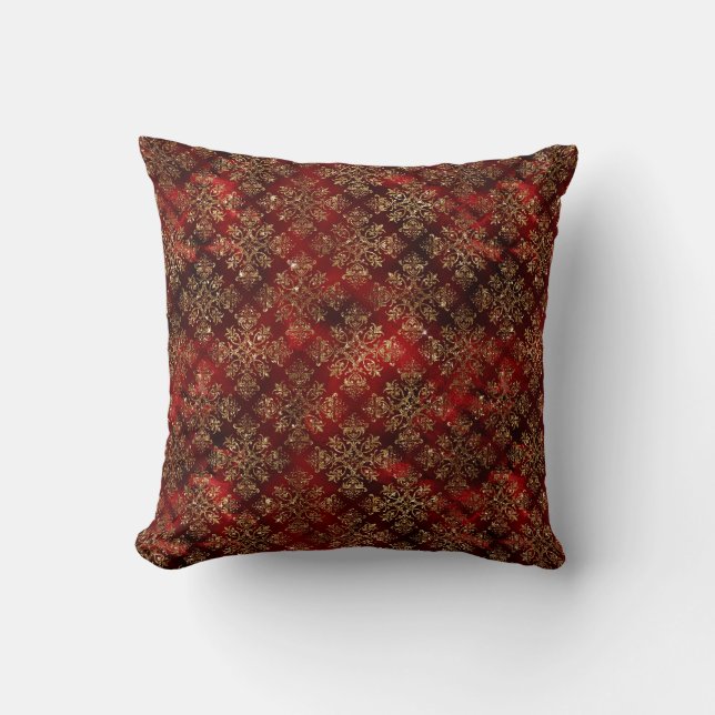Gold Red Burgundy Metallic Damask Elegant Chic Cushion (Front)