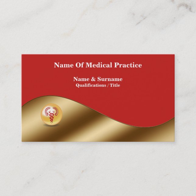 Gold red caduceus elegant medical doctor practice business card (Front)
