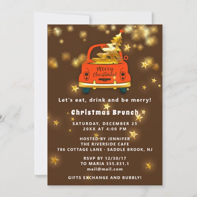 Gold Red Car Merry Christmas Brunch Dinner Brown Invitation (Front)