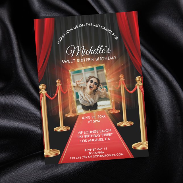 Gold Red Carpet Sweet Sixteen Movie Birthday Party Invitation (red carpet hollywood party)