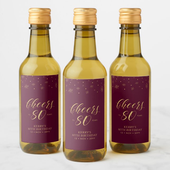 Gold & Red Cheers 80 years, 80th Birthday Party Wine Label (Bottles)