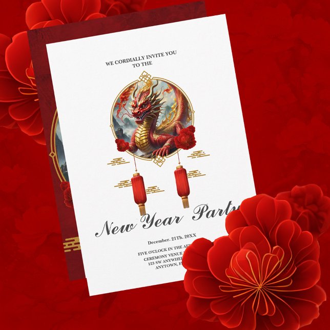 Gold red chinese dragon wish you a Happy new year Invitation (Creator Uploaded)