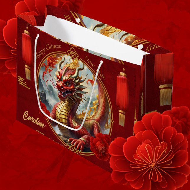 Gold red chinese dragon wish you a Happy new year. Large Gift Bag (Creator Uploaded)