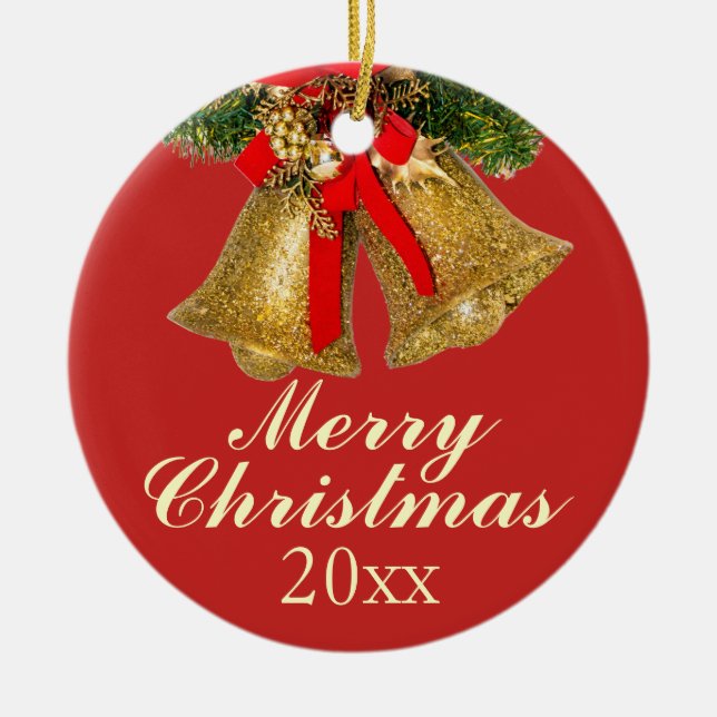 Gold Red Christmas Bells 2017 Ornament (Front)