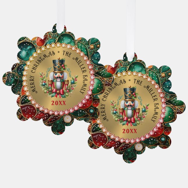 Gold Red Christmas Nutcracker, Glitter Frame Tree Decoration Card (Front/Back)
