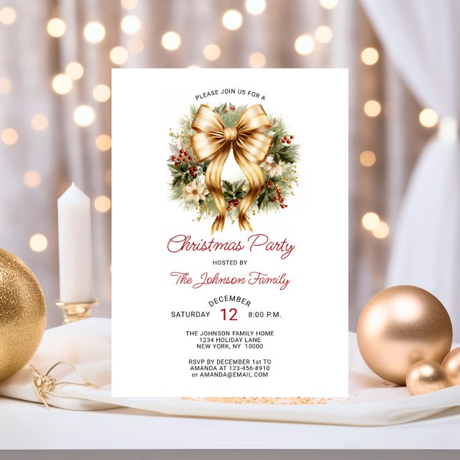 Gold & Red CHRISTMAS PARTY Wreath Company Invitation (Festive CHRISTMAS PARTY Red Gold Wreath Company Invitation)