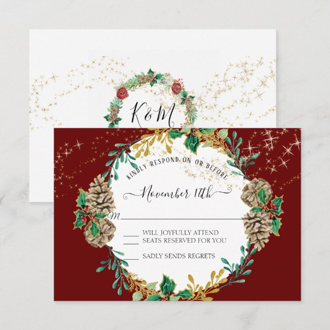 Gold Red Christmas RSVP Holly Pine Cone Wreath Invitation (Front/Back)