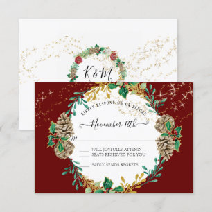 Gold Red Christmas RSVP Holly Pine Cone Wreath Invitation