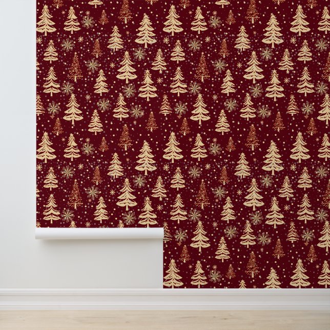 Gold Red Christmas Tree Snowflakes Peel And Stick  Wallpaper (Application)