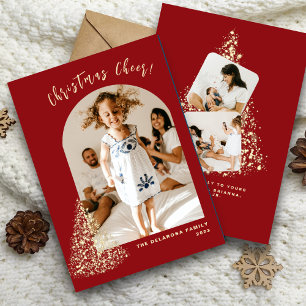 Gold Red Christmas Tree Two Photo 2023 Holiday Card