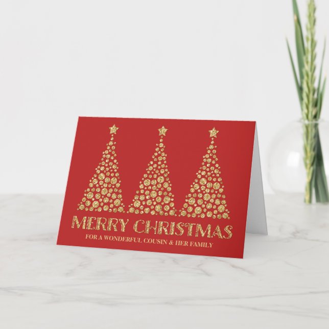 Gold Red Christmas Trees Cousin's Family Holiday Card (Front)