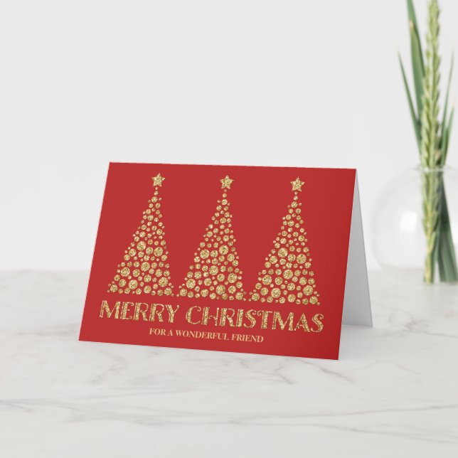 Gold Red Christmas Trees Friend Holiday Card (Front)