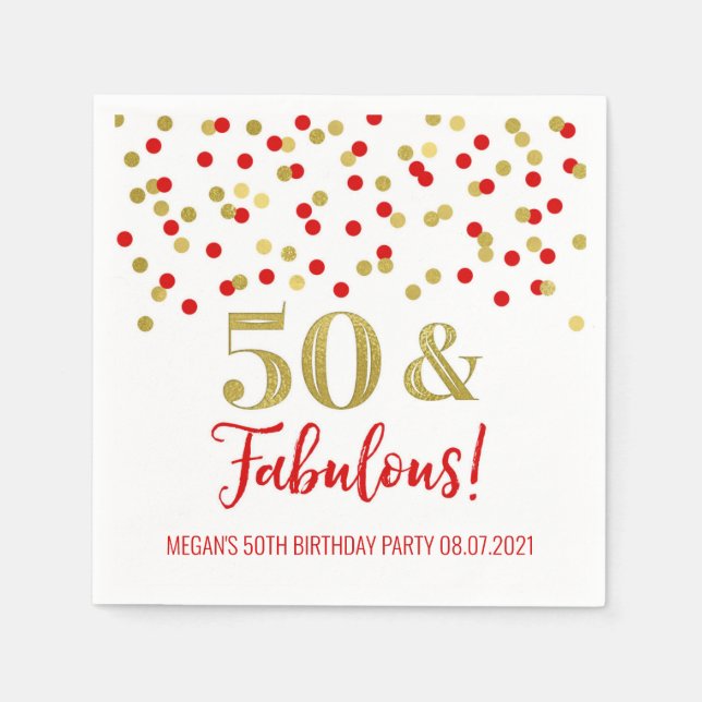 Gold Red Confetti 50 & Fabulous Birthday Napkin (Front)