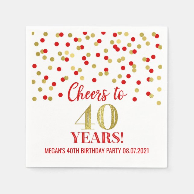 Gold Red Confetti Cheers to 40 Years Birthday Napkin (Front)