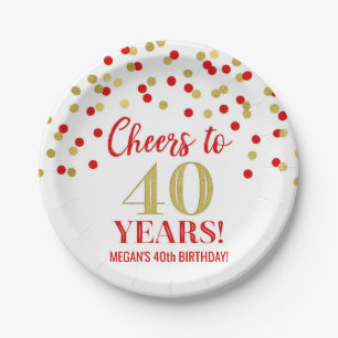 Gold Red Confetti Cheers to 40 Years Birthday Paper Plate