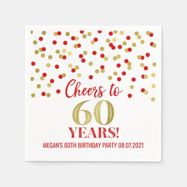 Gold Red Confetti Cheers to 60 Years Birthday Napkin (Front)