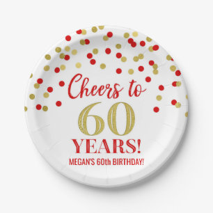 Gold Red Confetti Cheers to 60 Years Birthday Paper Plate