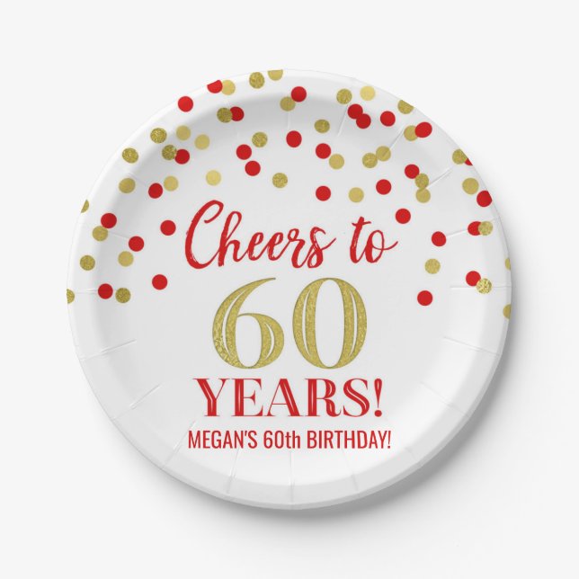 Gold Red Confetti Cheers to 60 Years Birthday Paper Plate (Front)