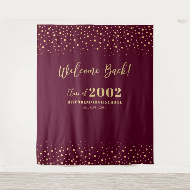 Gold & Red Confetti Class Reunion Party Backdrop Tapestry (Front)