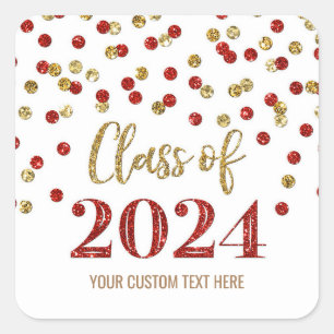 Gold Red Confetti Graduation 2024  Square Sticker