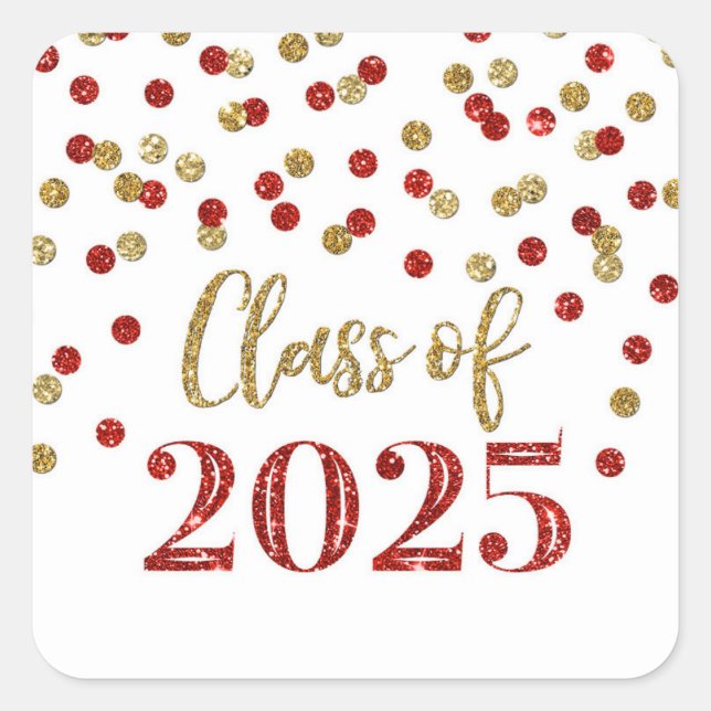 Gold Red Confetti Graduation 2025 Square Sticker (Front)