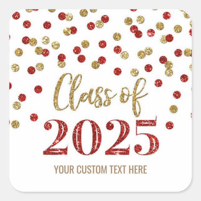 Gold Red Confetti Graduation 2025  Square Sticker (Front)