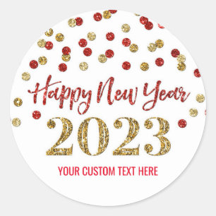 Gold Red Confetti Happy New Year 2023 Classic Round Sticker