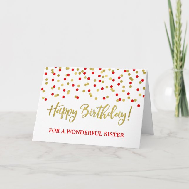 Gold Red Confetti Sister Birthday Card (Front)