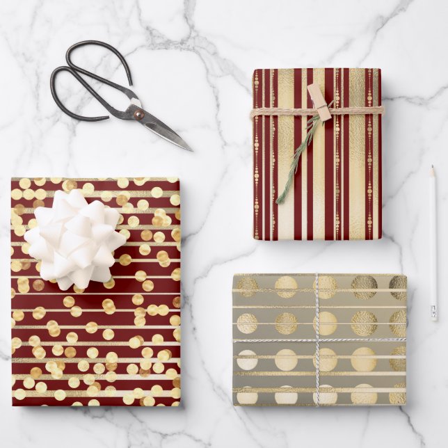 Gold red confetti stripes elegant formal pattern wrapping paper sheet (Front)