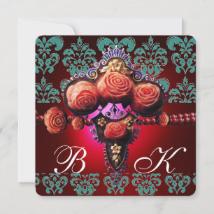 GOLD RED CORAL ROSES,BLUE BLACK DAMASK MONOGRAM INVITATION