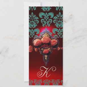 GOLD RED CORAL ROSES, BLUE BLACK DAMASK MONOGRAM INVITATION