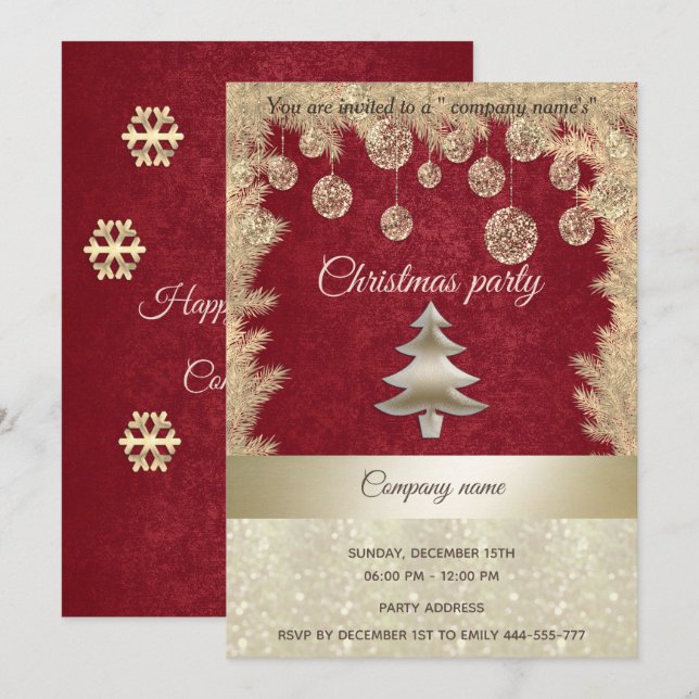 Gold red corporate Christmas party Invitation (Front/Back)
