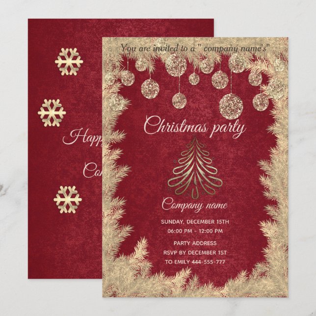 Gold red corporate Christmas party Invitation (Front/Back)