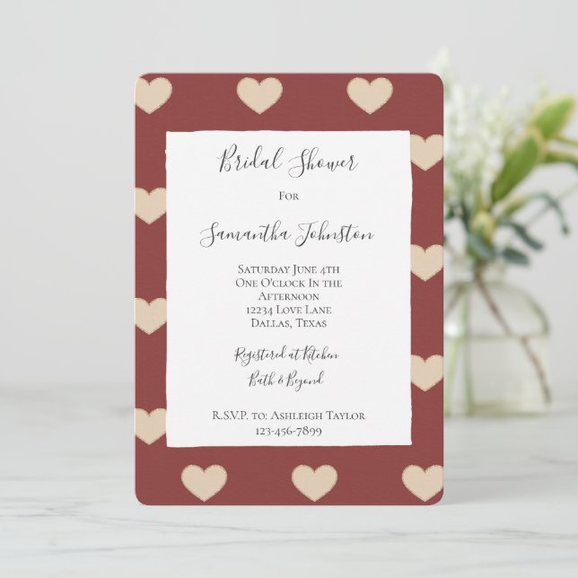 Gold Red Cream Glitter Hearts Bridal Shower Invitation (Standing Front)