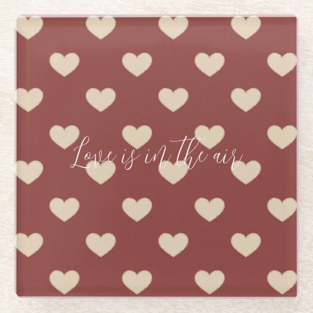 Gold Red Cream Glitter Hearts Valentine's Day Glass Coaster (Front)
