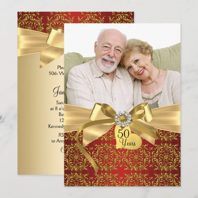 Gold Red Damask & Bow Photo 50th Anniversary Invitation (Front/Back)