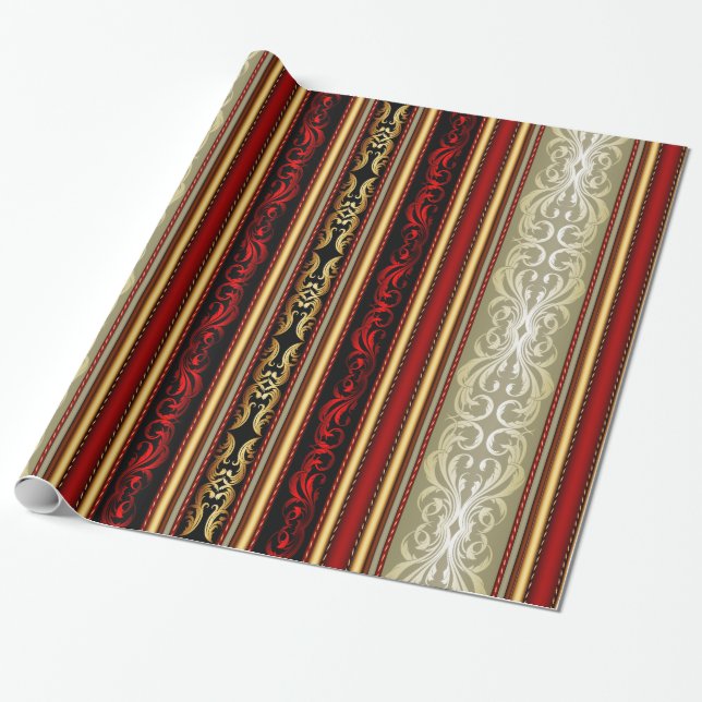Gold, Red Damask Victorian Stripe Wrapping Paper (Unrolled)