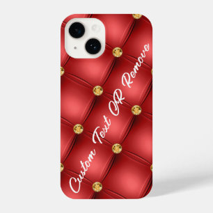 Gold Red Diamonds Tufted Leather Your Text Name iPhone 14 Case