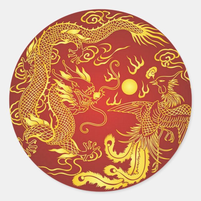 Gold Red Dragon Phoenix Chinese Wedding Favour Classic Round Sticker (Front)