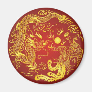 Gold Red Dragon Phoenix Chinese Wedding Favour Magnet