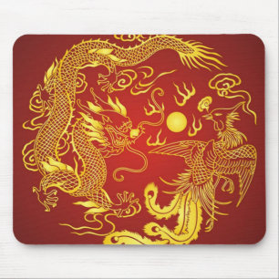 Gold Red Dragon Phoenix Chinese Wedding Favour Mouse Mat