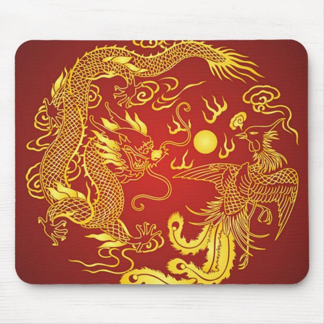 Gold Red Dragon Phoenix Chinese Wedding Favour Mouse Mat (Front)
